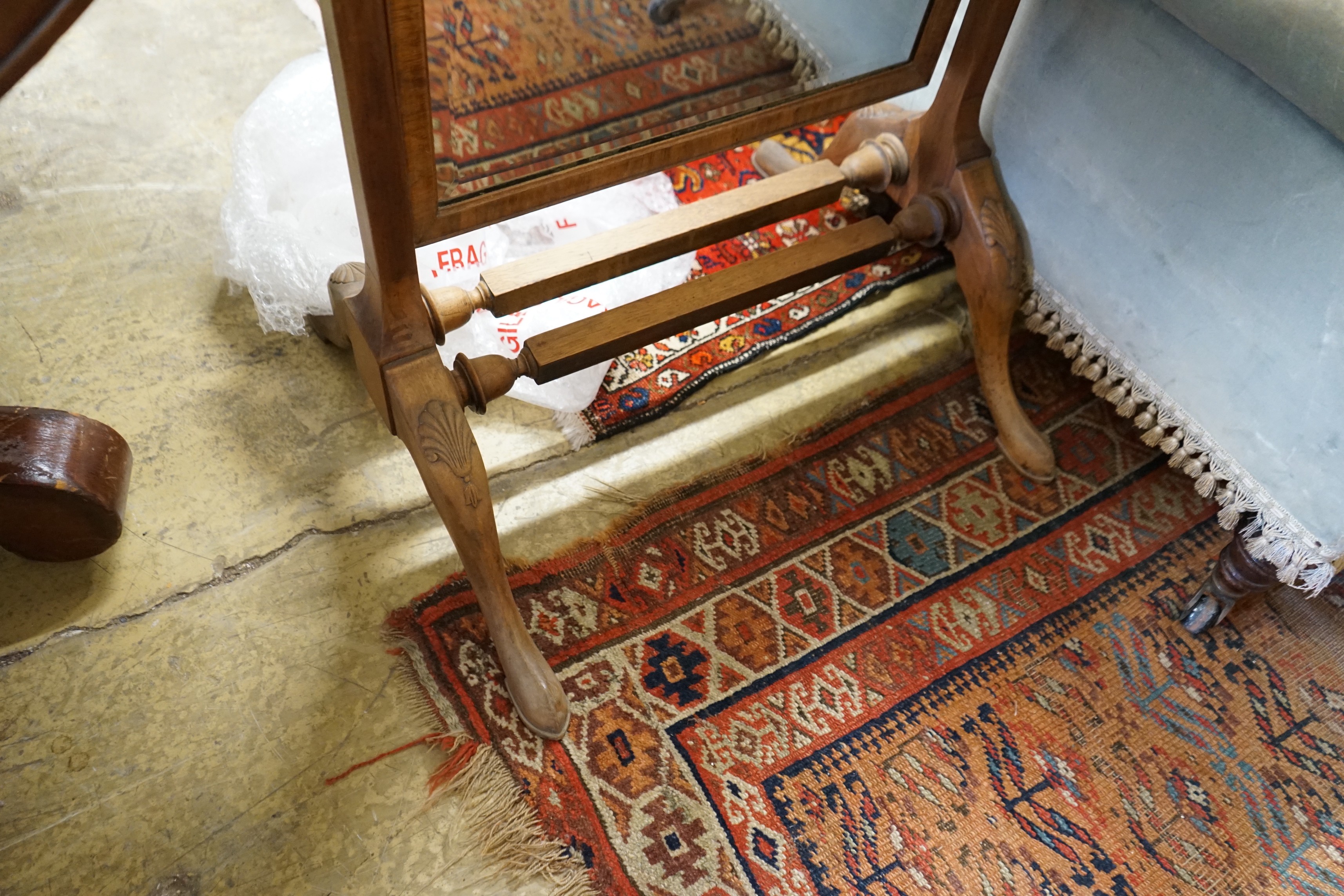 A Queen Anne revival walnut cheval mirror, width 59cm, height 157cm